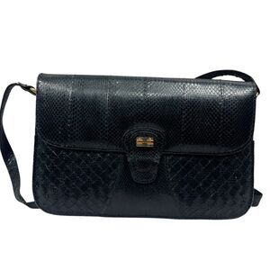 Vintage Snakeskin Leather Shoulder Bag Purse Black‎ Gold Tone Clasp